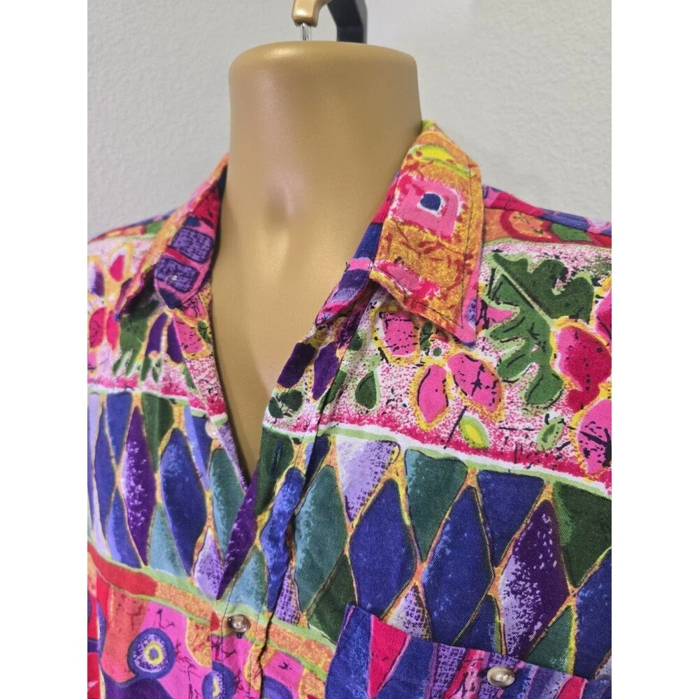 Vintage Modern Culture Hawaiian Button Down Shirt Mens Med Colorful Art Abstract